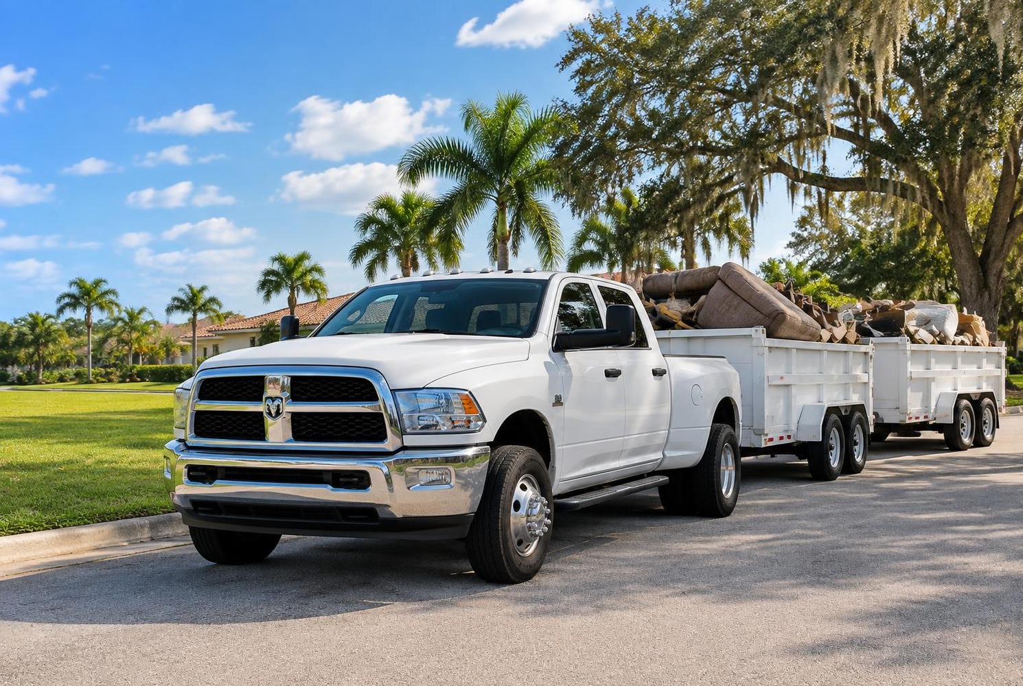 A white Dodge Ram pickup pulling white trailers loaded with an old sofa and bagged debris on a palm-lined Fort Myers street