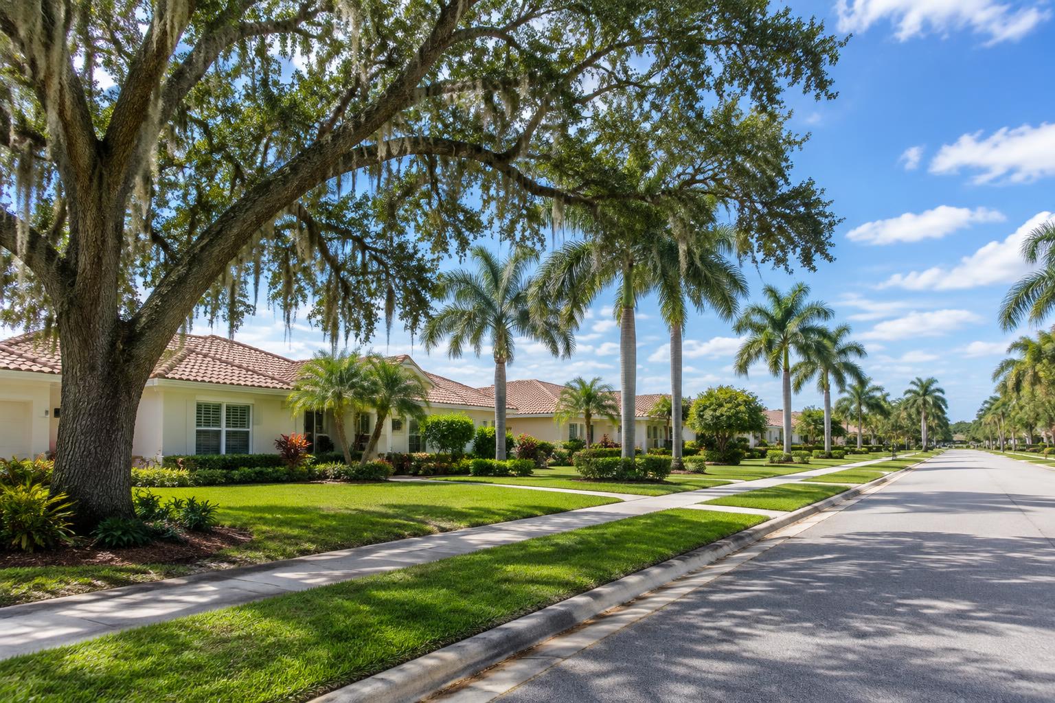 A quiet residential street in Fort Myers, Florida with palms and single-story homes