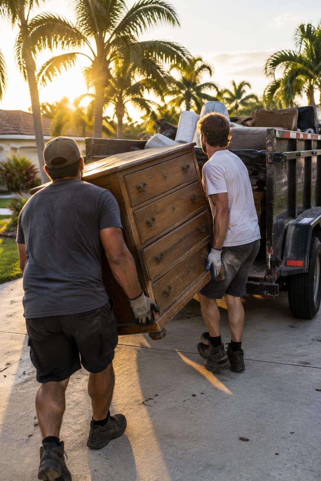 Two hauling workers carrying an old dresser toward a loaded trailer on a Fort Myers driveway